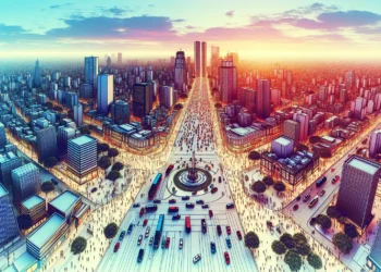 Cena horizontal de uma grande cidade brasileira com movimento, prédios altos e cores vibrantes, destacando o rascunho automático.