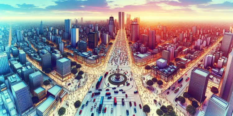 Cena horizontal de uma grande cidade brasileira com movimento, prédios altos e cores vibrantes, destacando o rascunho automático.