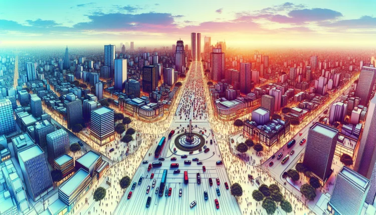 Cena horizontal de uma grande cidade brasileira com movimento, prédios altos e cores vibrantes, destacando o rascunho automático.